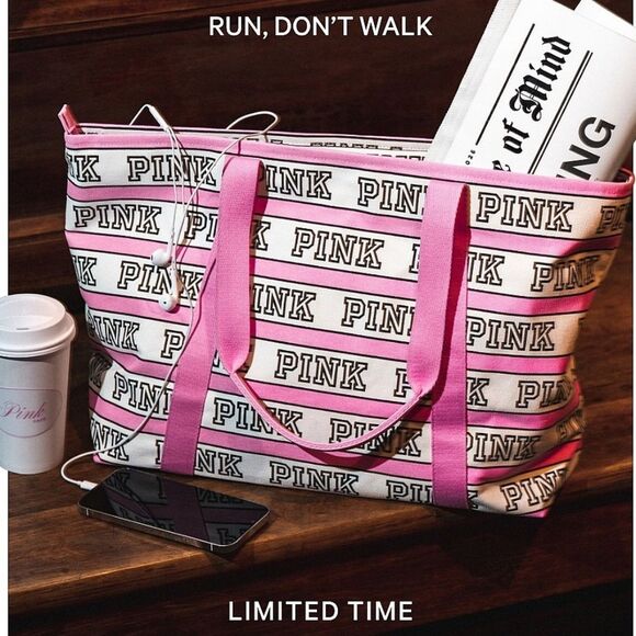 PINK Victoria's Secret Logo Tote Pink and Black NEW - Picture 2 of 13